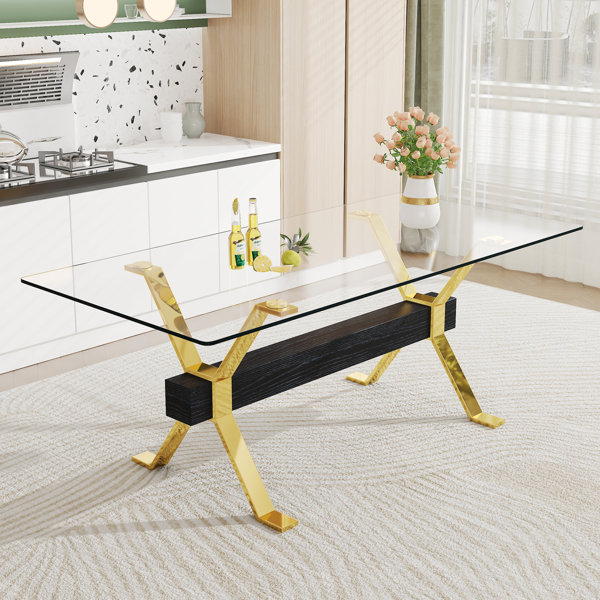Ebullient 78.74'' Trestle Dining Table with glass top & Reviews Wayfair